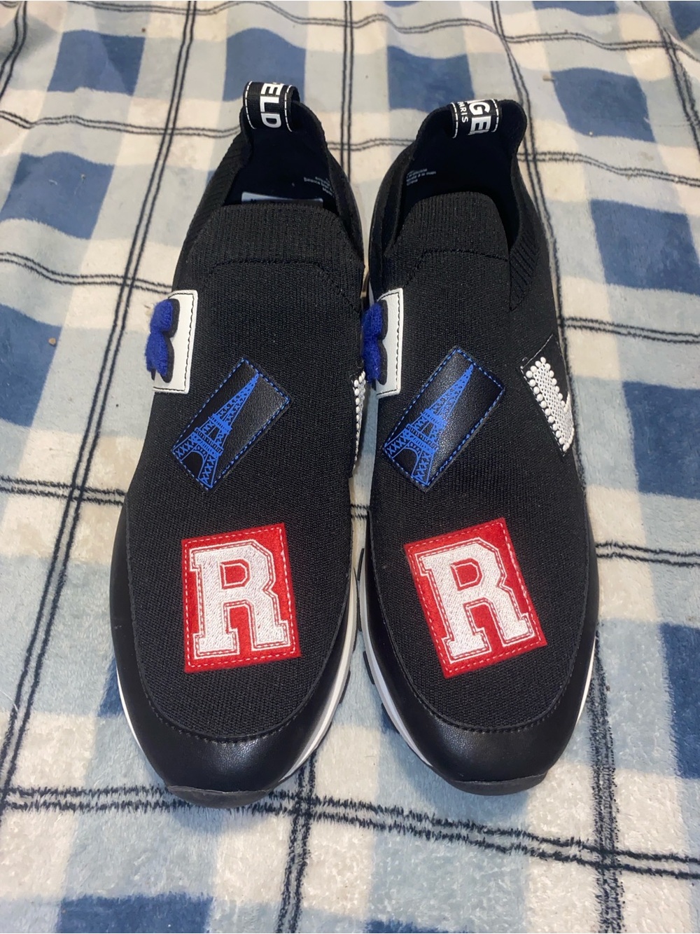 Karl Lagerfeld Paris Black Slip-On Sneakers with Red & Blue Patches
